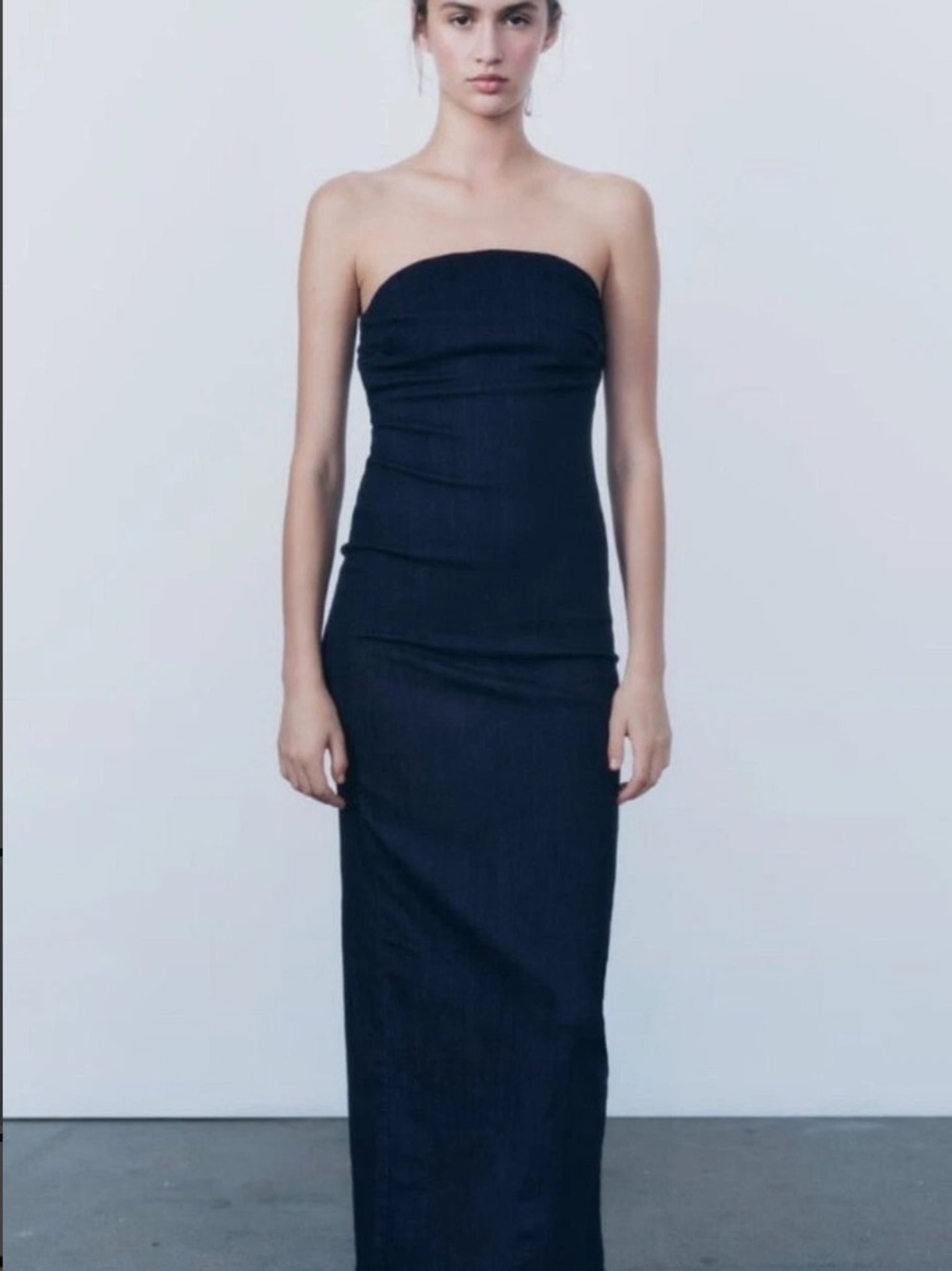 Zara Strapless Dark Navy Denim Maxi Dress